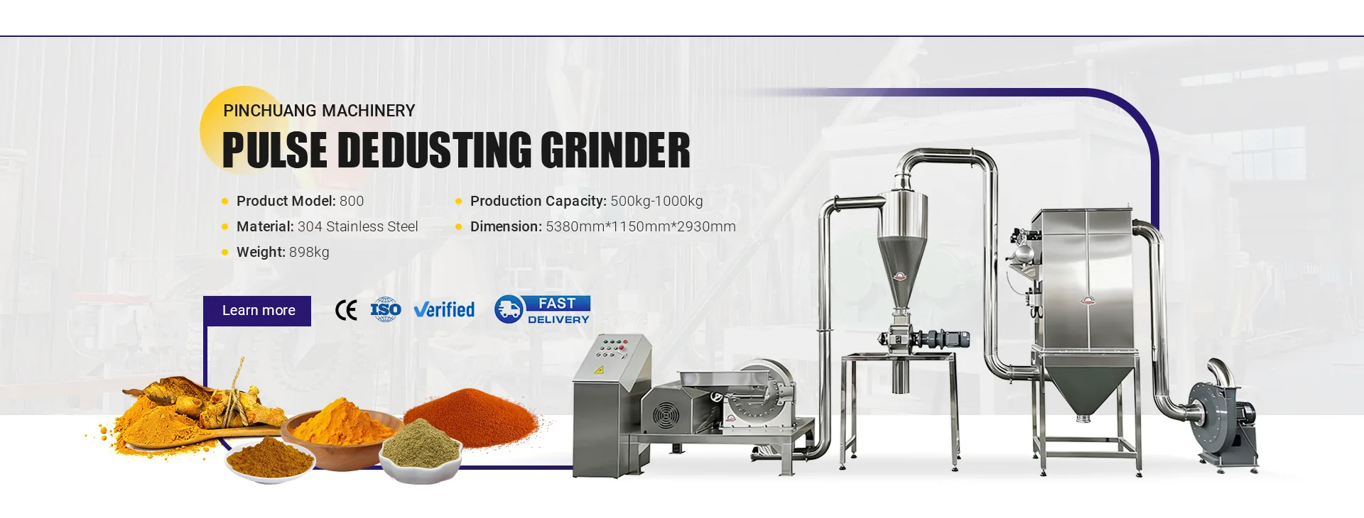 Pinchuang pulse dedusting grinder model 800, 304 stainless steel, 500–1000 kg/h
