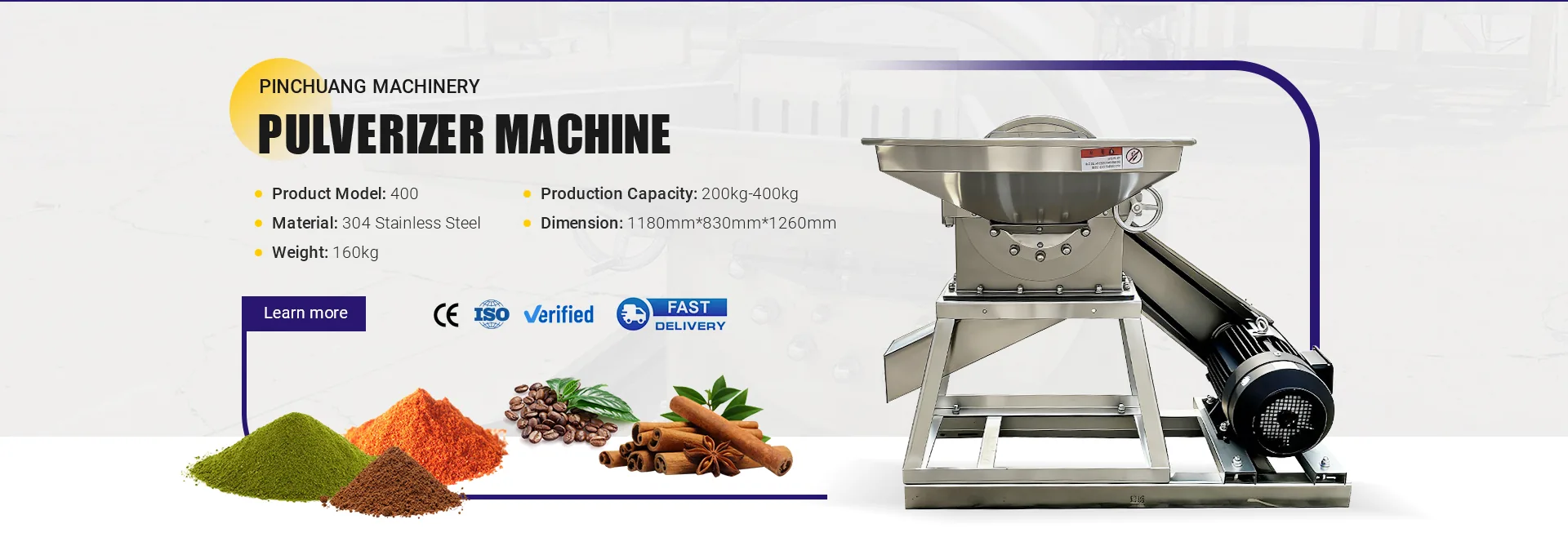 Pinchuang pulverizer machine model 400, 304 stainless steel, 200–400 kg/h