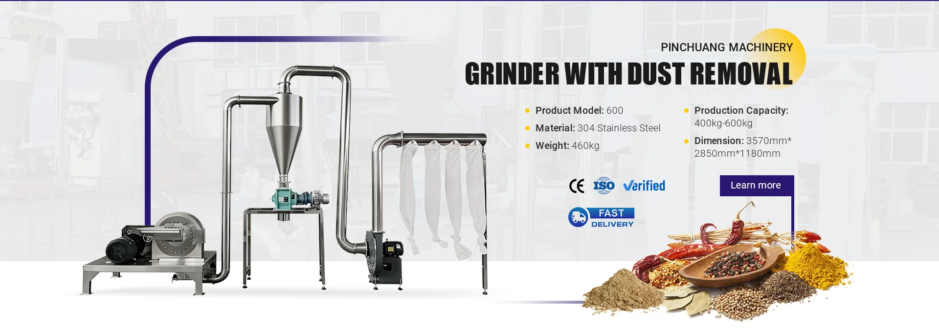 Pinchuang grinder with dust removal model 600, 304 stainless steel, 400–600 kg/h