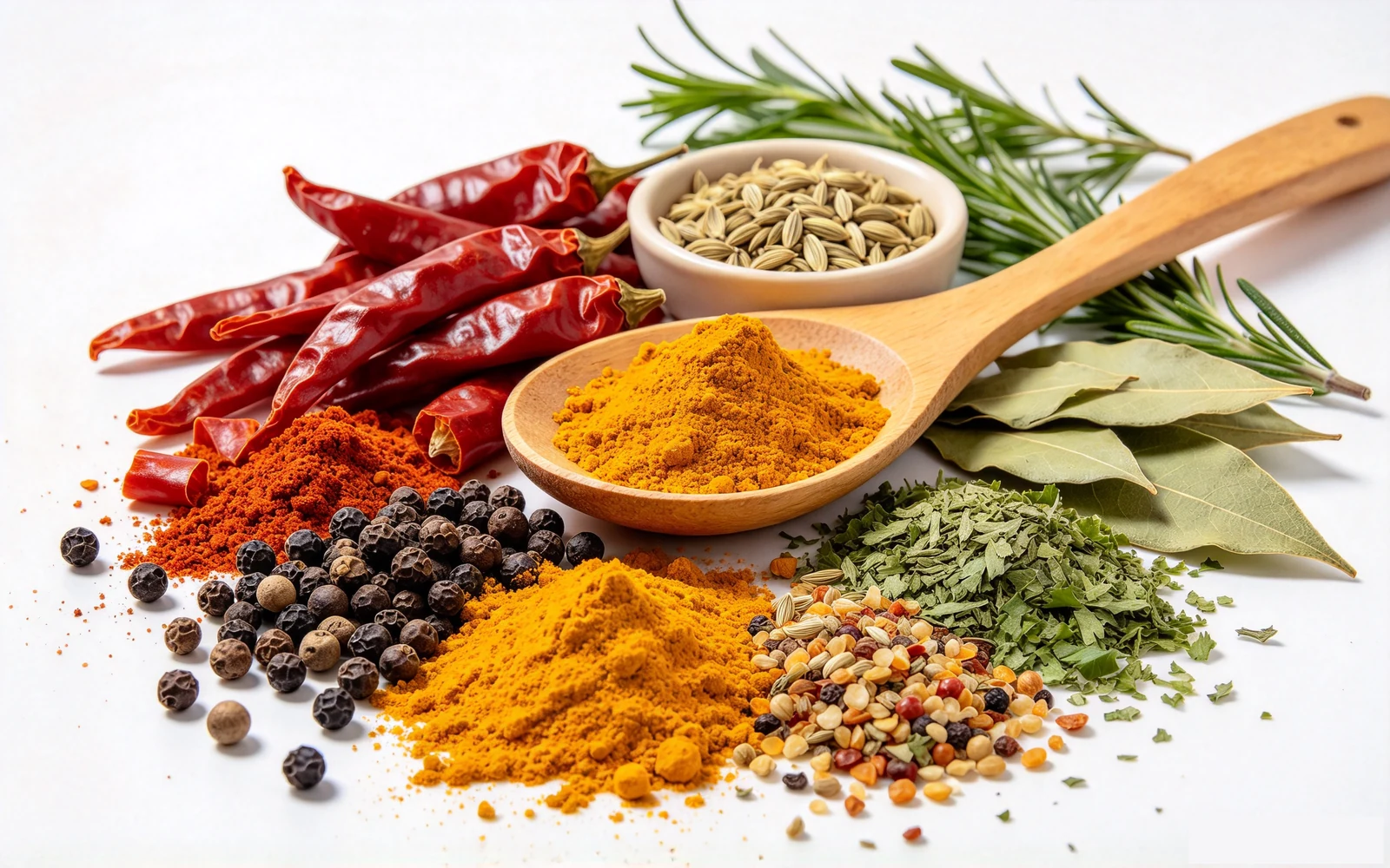 Spices and seasonings for pin mill grinding: chili, pepper, cumin, turmeric and dried herbs
