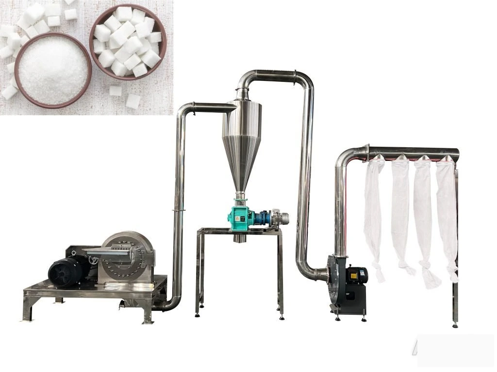 Flexible sugar grinding machine with dust collection system producing fine sugar powder for food processing
