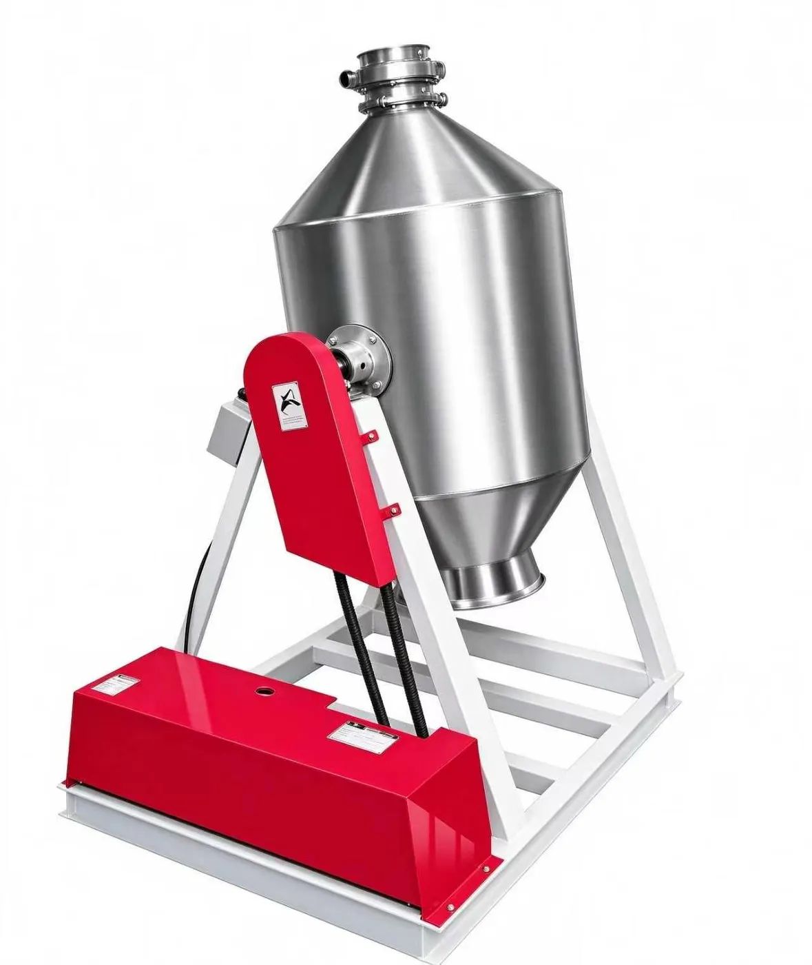 Double-cone vacuum mixer with a polished stainless steel vessel mounted on a tilted rotary frame