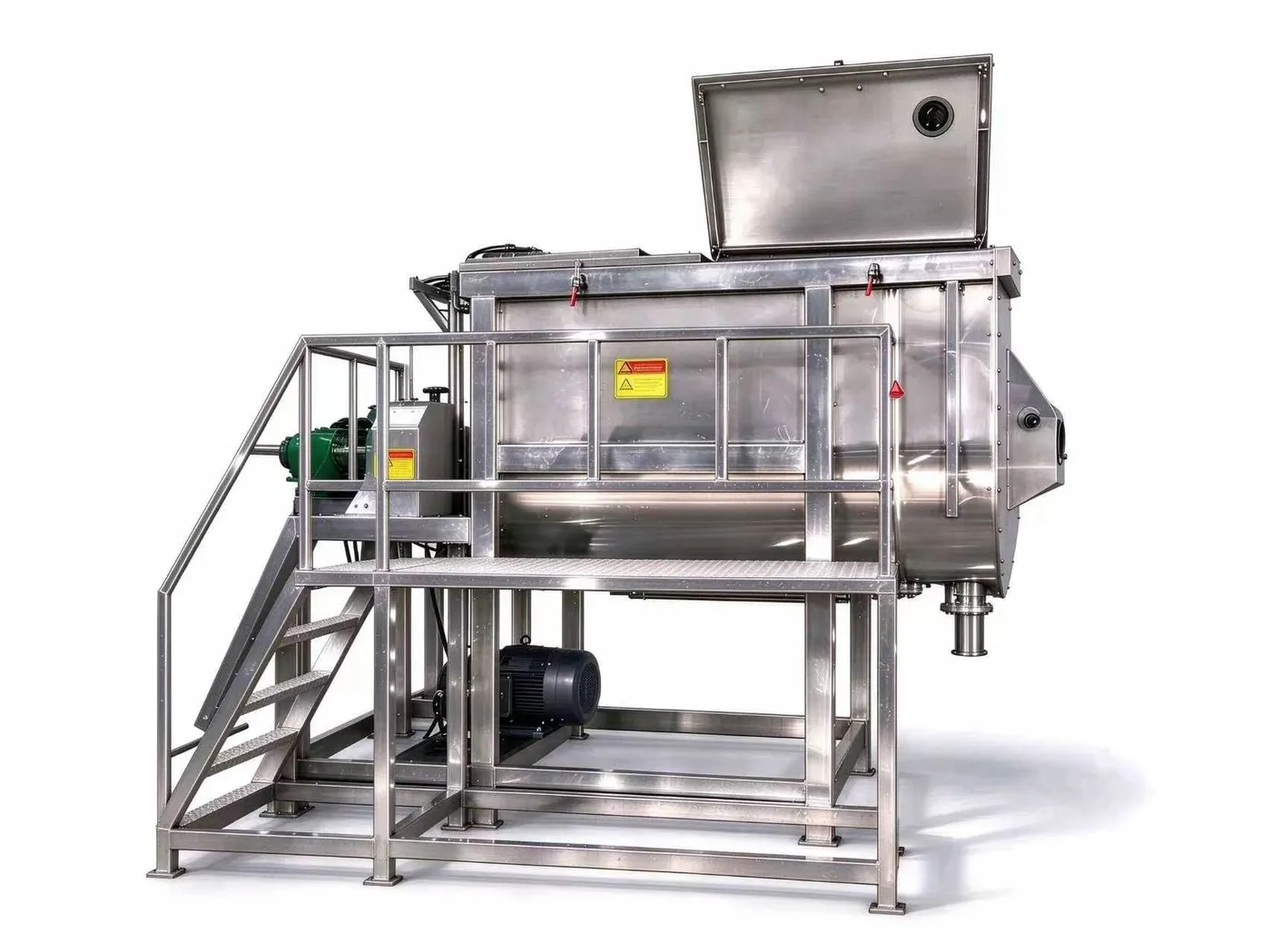 Industrial ribbon blender with hinged inspection lid, discharge valve and access platform in polished stainless steel