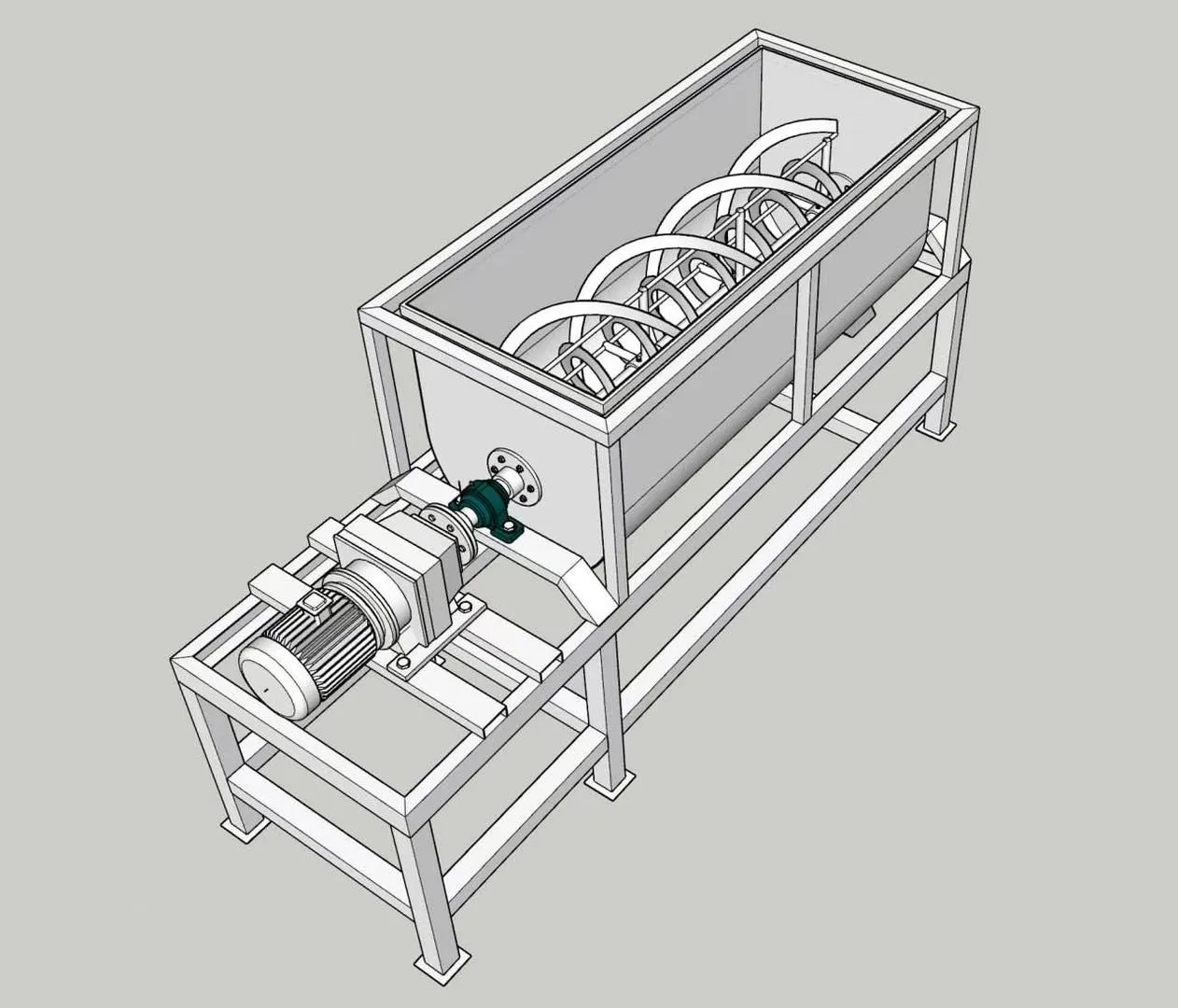 Cutaway drawing of a ribbon mixer showing helical ribbons inside a U-shaped trough driven by a gear motor