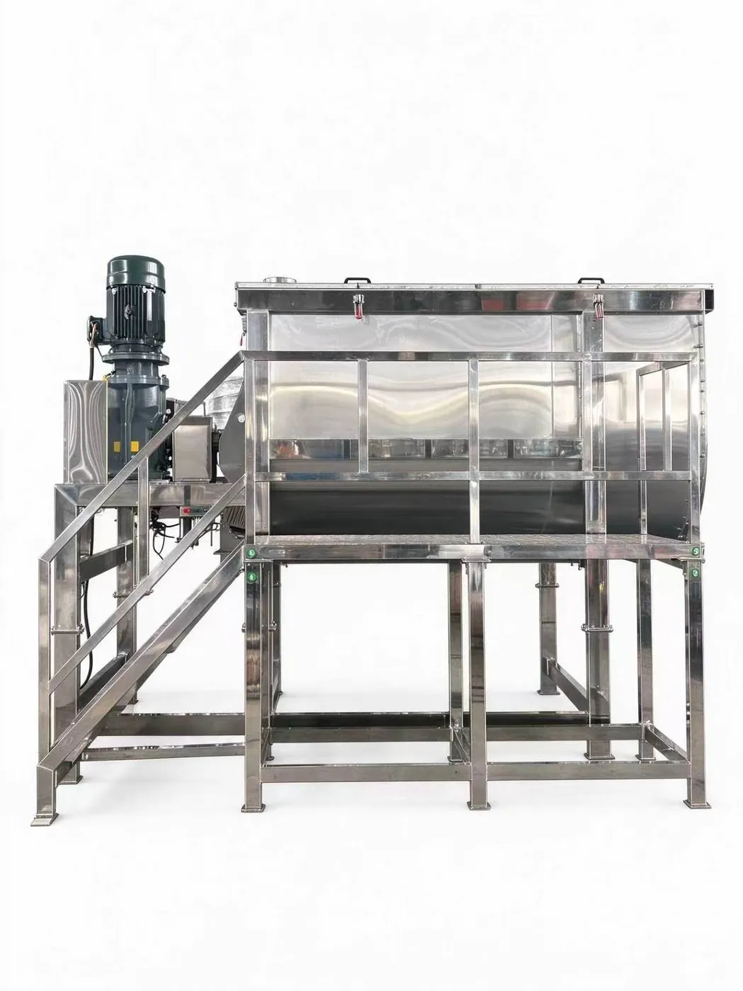 Stainless steel powder ribbon mixer installed on a working platform with access stairs and top-mounted drive motor