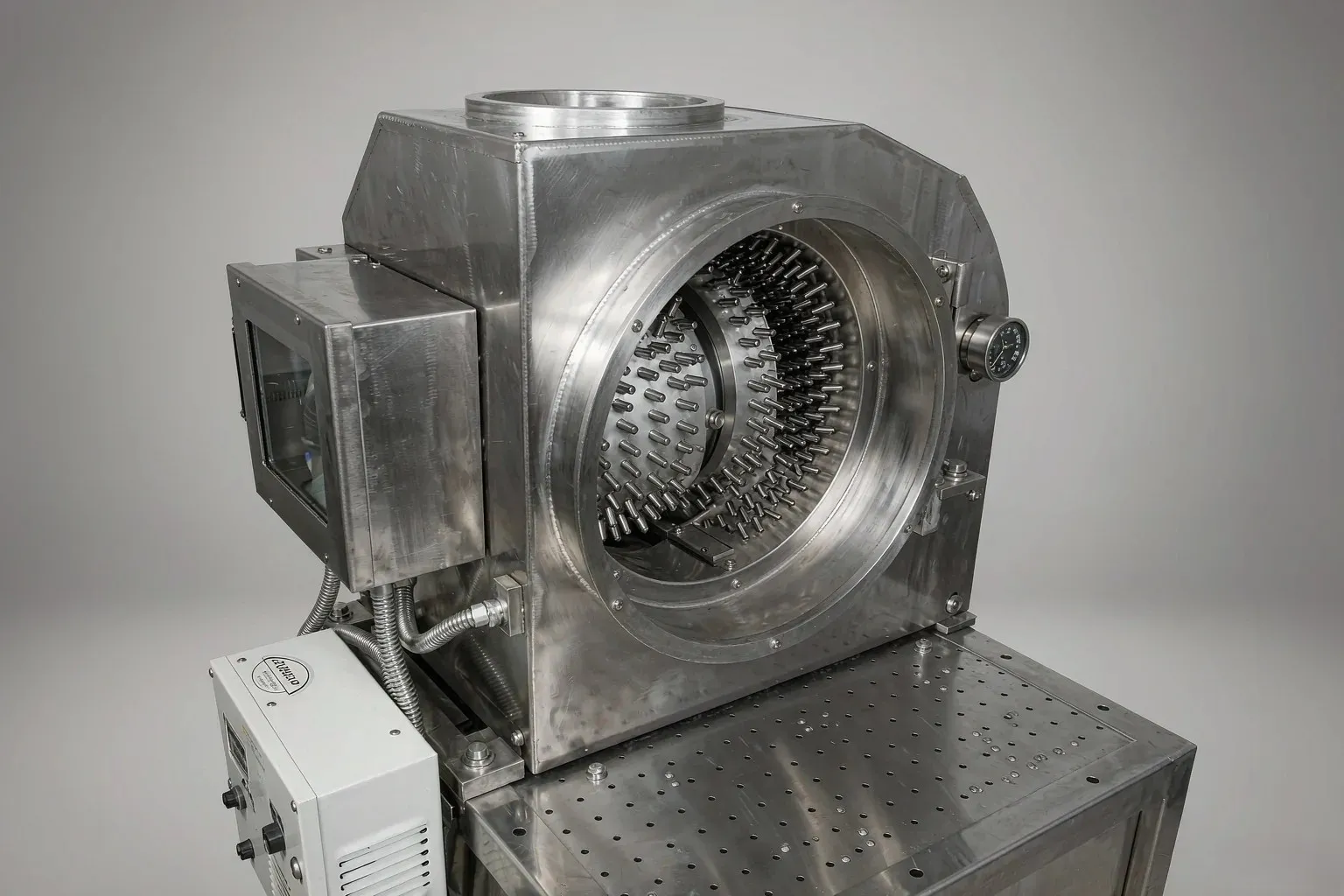 Industrial pin mill grinding machine with interlocking pin discs for fine powder production