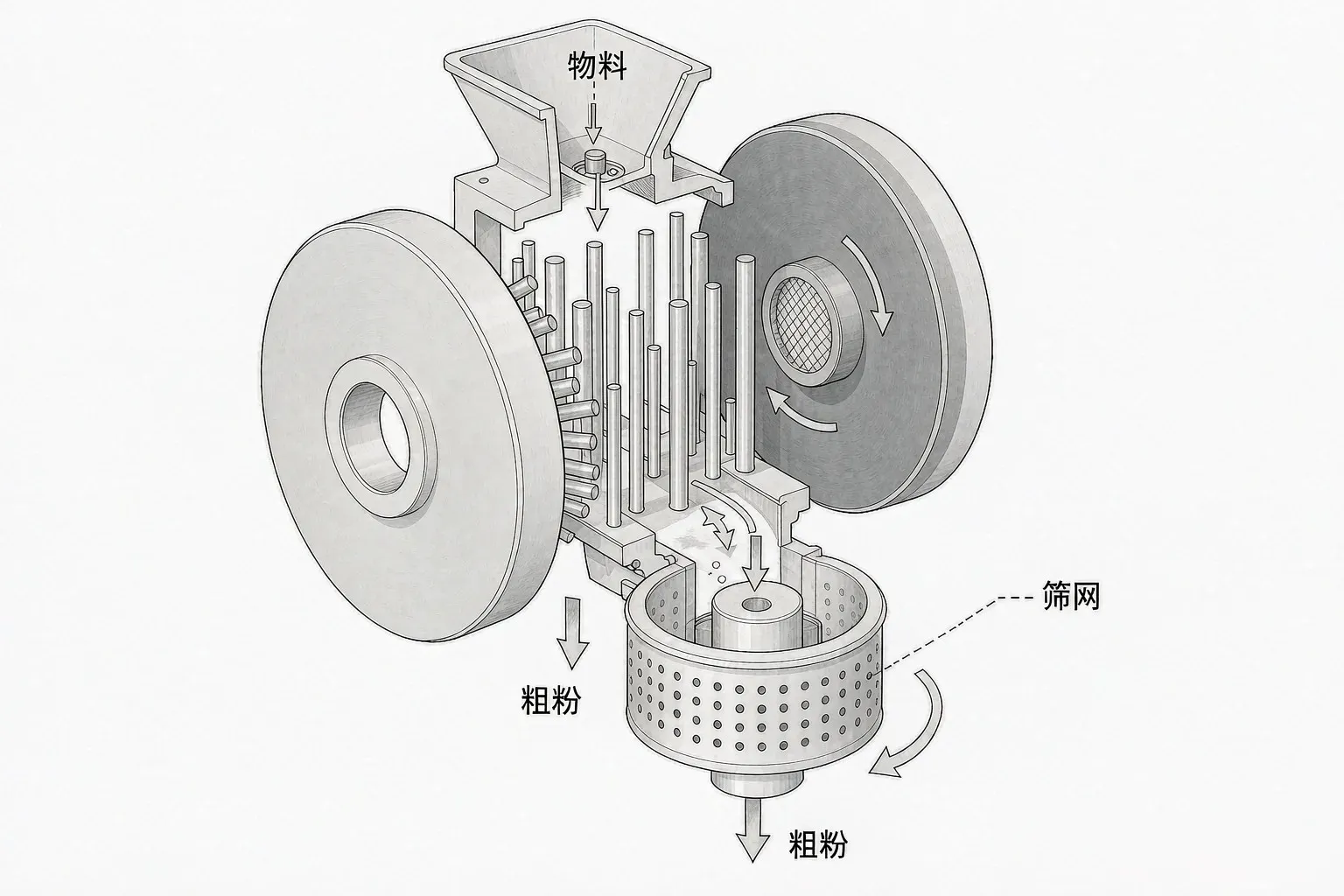 Cutaway view of a pin mill showing dual pin discs and material flow through the grinding chamber