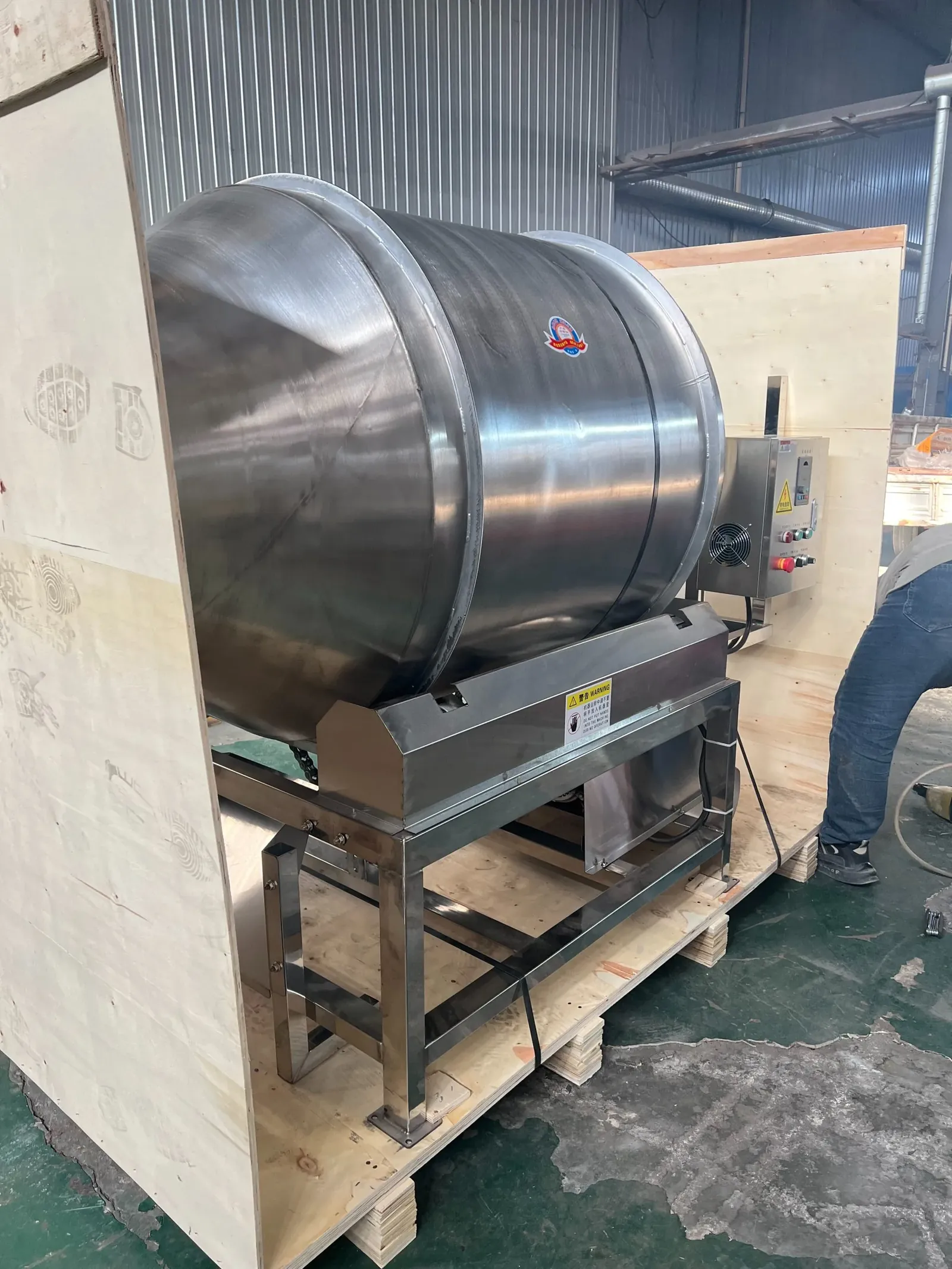 Industrial spice grinder packed in a fumigated wooden crate for container shipment