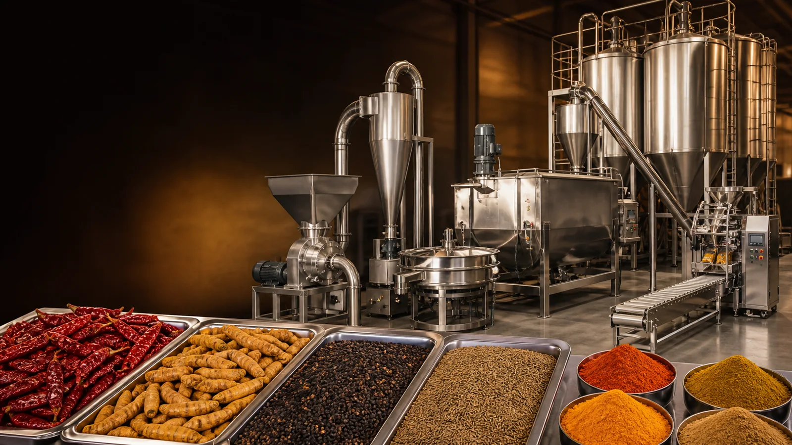 Industrial pepper and spice grinding line with an enclosed grinding chamber, dosing feeder and dust collection inside a seasoning plant